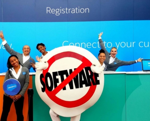 Salesforce register here booth with mascot